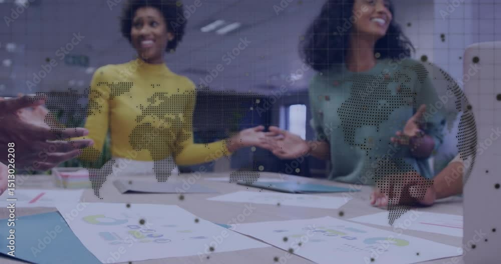 Aufkleber business team arranging charts, sparking exchanging gestures and stacking hands symbolizing unity