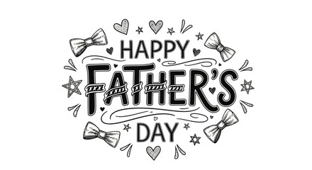 Hand drawn black and white happy fathers day illustration with decorative elements and bow ties