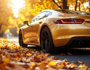 Golden car in autumn leaves