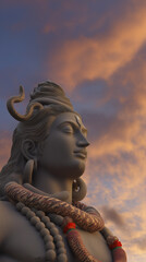 Lord Shiva Statue: A majestic statue of Lord Shiva stands tall against a backdrop of a vibrant sunset sky.