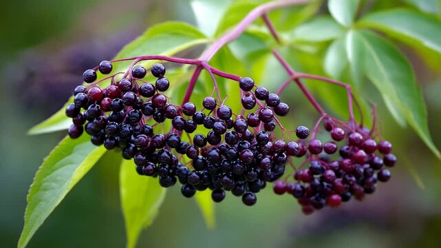 Close-up of Elderberry Bunches on Vibrant Green Leaves