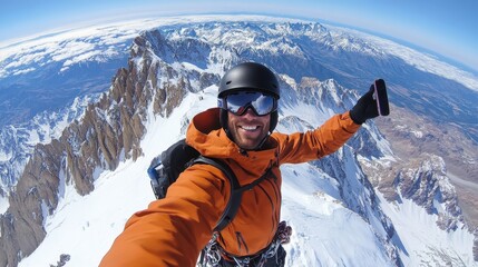 Happy mountain climber takes a selfie at the snowy peak holding phone. Great for adventure, success, achievement, sport, and active lifestyle.