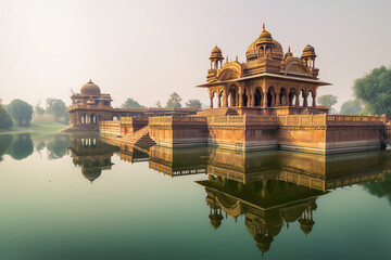 Fototapeta premium Royal Reflections: A majestic historic palace stands serenely reflected in the calm waters of a lake, its intricate architectural details.