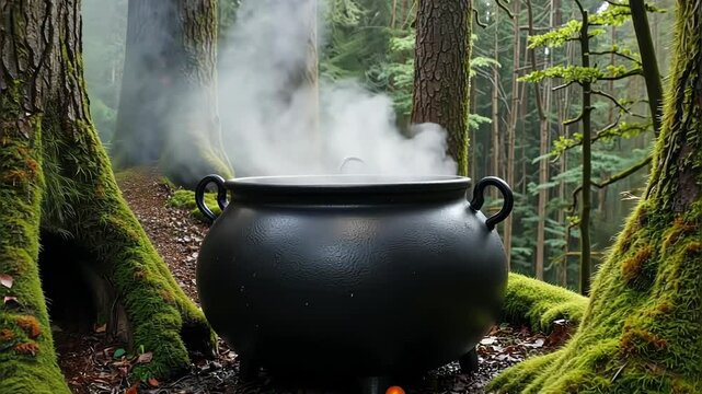 Large black cauldron steaming in a mystical forest setting  