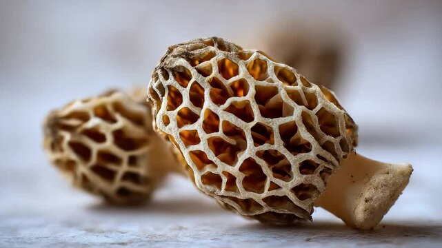 Close-up of morel mushrooms on textured surface
