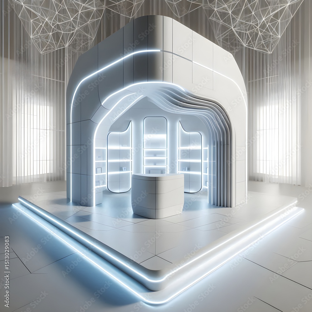 Poster futuristic showroom kiosk design featuring white geometric stand with curved edges in a light-filled