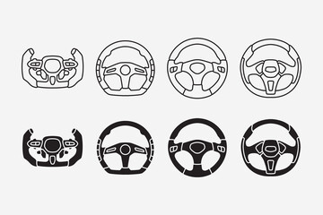steering wheel, sport car handle interior parts outline, line art, filled, glyph style icon symbol element designs set for sport, automotive, garage, workshop, spare part, industry