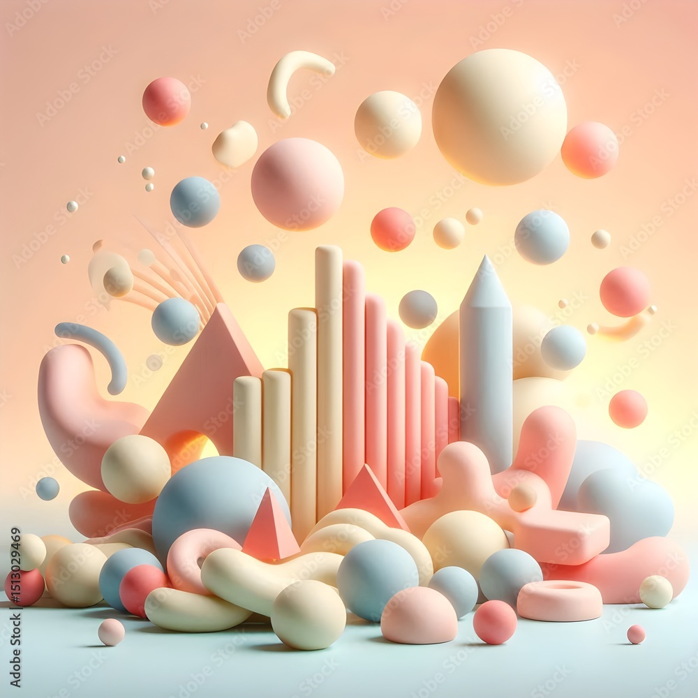 Poster pastel claymation style abstract scene featuring smooth geometric pieces and floating spheres with s