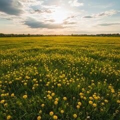 Fototapeta premium Yellow Dandelion Field at Sunset