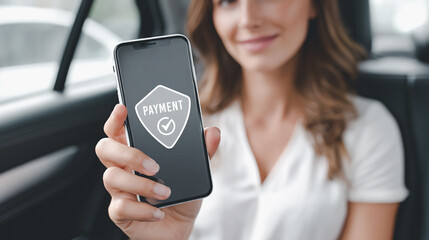 Woman showing smartphone screen with online payment icon.