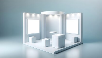 Bright vector style clean white retail exhibition stand corner with blank display panels and cube pedestal on floor in minimal modern showroom scene
