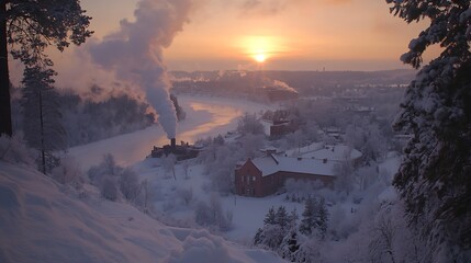 Winter landscape with a river and buildings