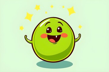 Cheerful green cartoon lime with a wide smile, rosy cheeks, and raised arms. Surrounded by yellow stars, conveying a joyful and playful tone