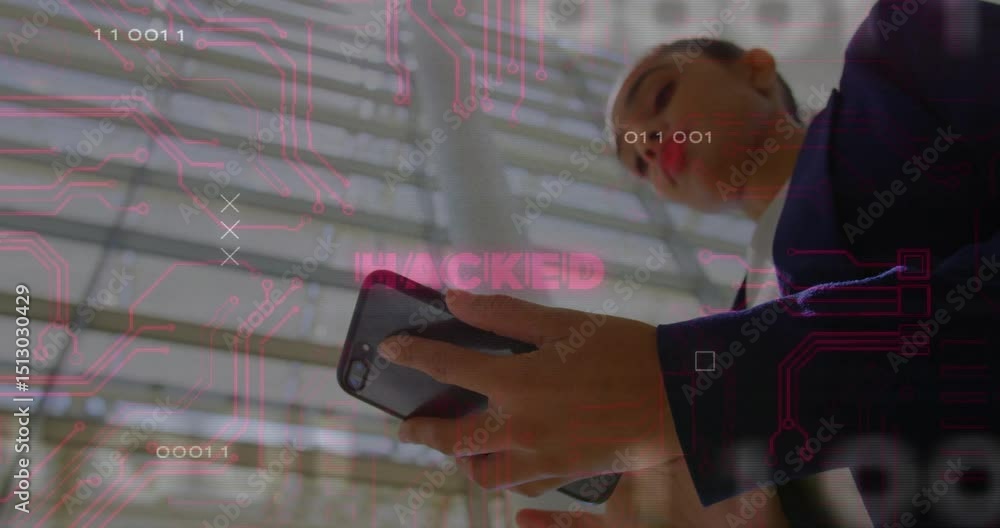 Fototapete businesswoman scrolling phone, showing red circuit graphics and flashing hacked alert with binary