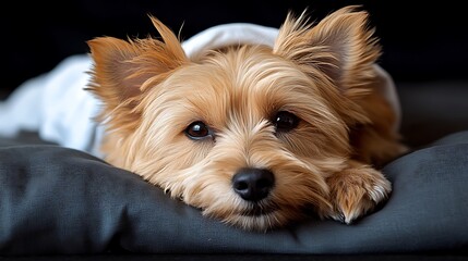 Dog resting on dark pillow