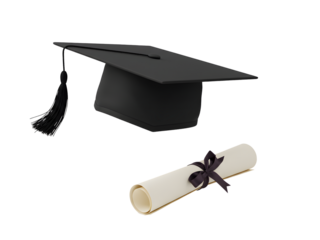 A high-quality cutout image of a graduation cap and diploma tied with a red ribbon, isolated on a transparent background, perfect for education-themed designs, celebration banners, and academic achiev