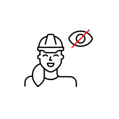 Vector icon of woman wearing hard hat with crossed-out eye, symbolizing restricted access, hidden safety status, or confidential construction info. Ideal for industrial apps, safety platforms, and pri