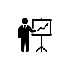 Minimalist black icon of a businessperson presenting a rising graph on a board. Ideal for business, finance, and corporate presentations or infographics. Isolated on white background.