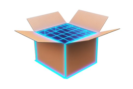 A Futuristic Cardboard Box with Glowing Blue Grid Interior  Digital Art Illustration - Powered by Adobe