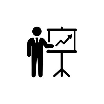 Minimalist black icon of a businessperson presenting a rising graph on a board. Ideal for business, finance, and corporate presentations or infographics. Isolated on white background.