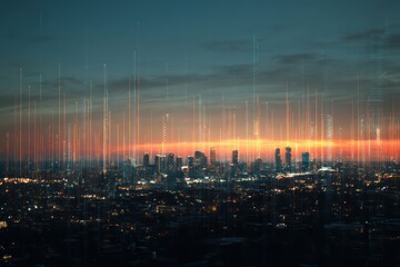 Obraz premium Digital skyline illuminated by vibrant lights and dynamic data overlays, symbolizing innovation.