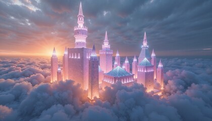 Fantasy castle in the clouds during sunset with magical lighting and vivid colors