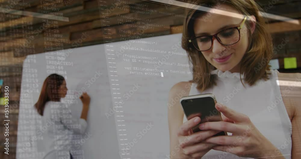 Poster coworkers scrolling smartphone and writing whiteboard in tech office, causing code overlay emerging