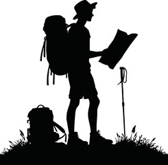 Silhouette of traveler holding map vector isolated on a white background