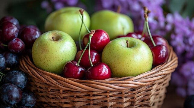 Harvest bounty: A still life composition of fresh green apples, ripe cherries and dark grapes in a rustic basket against a floral backdrop - Powered by Adobe
