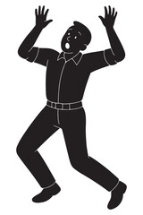 Silhouette of a man jumping in surprise with arms raised and knees bent, surprise man silhouette