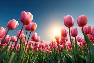 Crimson Tulips Gaze Towards the Sky Above