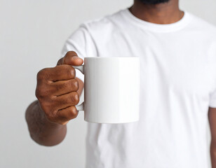 Man in white shirt holding a blank white mug for mockup design