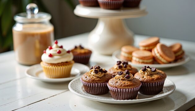 Delicious assortment of cupcakes and macarons on a dessert table
