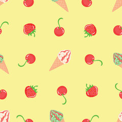 Strawberry and cherry flavored ice cream will add a delicious touch to your dessert, ice cream, seamless pattern, vector, illustration, food, waffle cone

