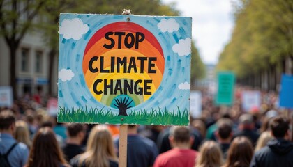 Climate change protest sign reading "Stop Climate Change" at a public demonstration