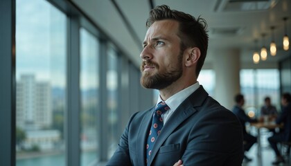 Fototapeta premium Thoughtful businessman in a suit contemplating in a modern office with a city view