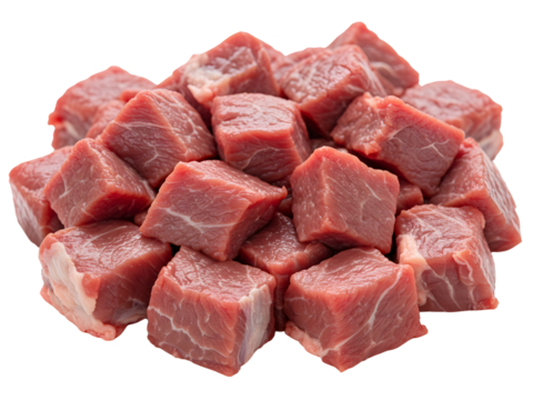 Fresh cubed raw beef isolated on a transparent background—premium red meat pieces ideal for stews, grilling, or culinary preparation, showcasing texture and quality.
