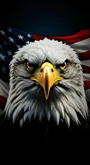 Patriotic gaze of a fierce eagle with an American flag - USA Independence Day Patriotic Art.