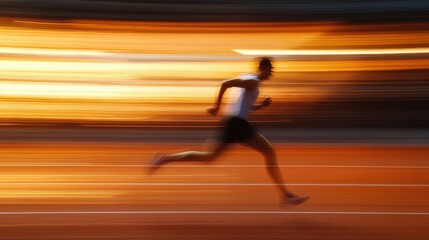 Motion blur of a runner on the track, bathed in golden light. Ideal for concepts about speed, fitness, and peak performance.