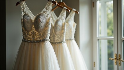 Elegant wedding dresses hanging by a window showcasing intricate embroidery and design
