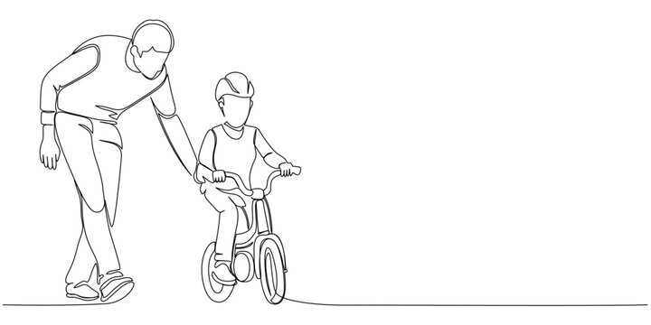 Father teaches his son to ride a bike line art style illustration, fathers day illustration. Vector eps