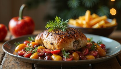 Delicious roasted chicken served with cherry tomatoes and fries on a rustic table