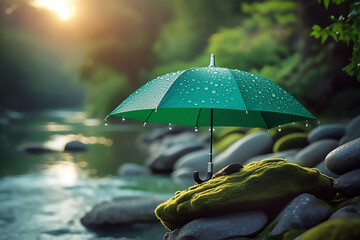 Green Umbrella with Water Droplets by a River on Mossy Rocks at Sunset Symbolizing Protection and Serenity in Nature s Embrace