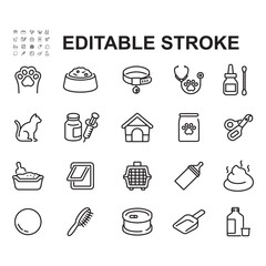 Collection of icons about caring for cats. Thin line style vectors. Contains icons such as animal vaccines, hygiene, cat food and more.