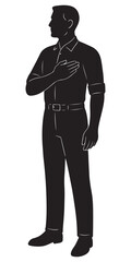 Silhouette of a man placing a hand over his heart and standing upright in respect