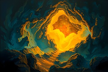 A vibrant painting depicts a glowing, fiery heart within a dark cavern. Swirling blue and orange hues create a mystical and dramatic atmosphere