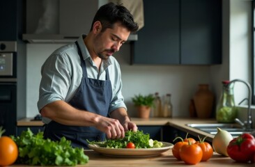 A handsome brutal man in an apron, cooking in the kitchen, with a lot of vegetables on the background.