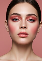 Close Up Portrait of Woman with Pink Glitter Makeup