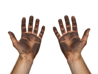 Close-up of expressive African American elder hands in an open gesture, isolated on a transparent background – symbolizing wisdom, hardship, generosity, and timeless human dignity.