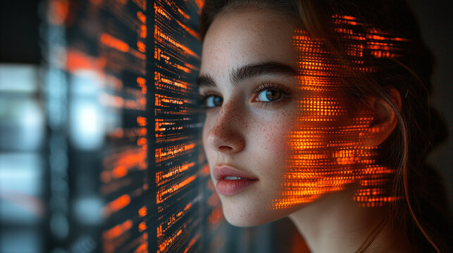 Deepfake concept of a young woman with digital data overlay on her face. Futuristic AI, neural networks, and cyber security visualization of digital identity and face recognition.